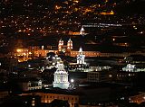 Ecuador Quito 07-07 Old Quito Cafe Mosaico Sunset View Of Plaza Grande and San Francisco From Cafe Mosaico the lights of Old Quito came on, with this view of the Plaza Grande and the Monastery of San Francisco.